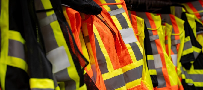 High-visibility safety vests with reflective strips hanging on a rack.