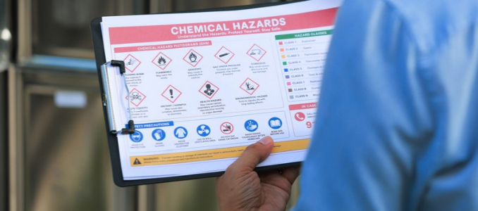Worker reviewing a chemical hazards safety chart on a clipboard.