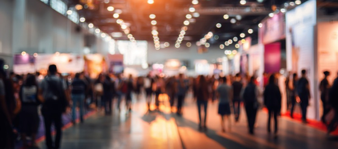 Attendees walking through a busy trade show exhibition hall.