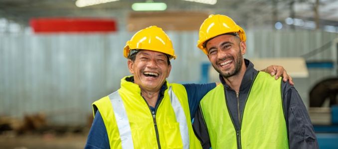 Two workers smiling and embracing.