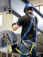 a worker equipped with compatible fall protection connections  