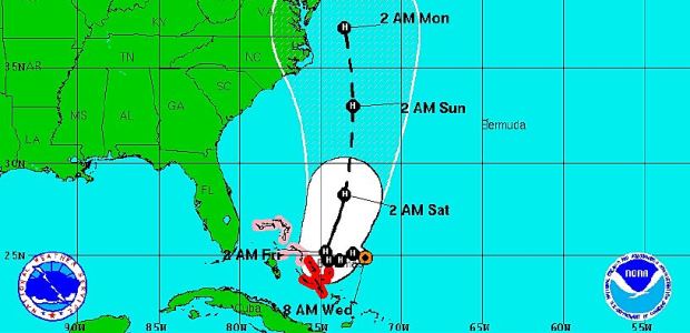 This graphic shows the NHC tropical cyclone track forecast cone and watches/warnings graphics issued for Hurricane Joaquin at 0800 EDT on Sept. 30, 2015, one day before the El Faro sank in the storm.