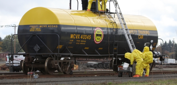 A spill from an overturned railcar or tanker could be from small amount to 5,500-11,000 gallons of liquid cargo. If this material is volatile, 1 cc of liquid (not pressurized) would be converted into 1L of vapor, and one gallon of liquid contains 3,800 cc (3.8 million liters of gas) X volume spilled. In many cases, the chemical spilled has been liquid chlorine or ammonia.