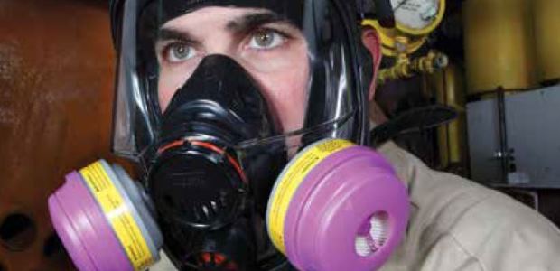 Because of the synergistic effect of many chemicals with noise, wearing a respirator and hearing protection together is an ideal defense against hearing loss whenever chemicals and noise are simultaneously present. (Honeywell Industrial Safety photo)