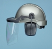 a protective helmet/faceshield with hearing protection included