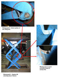 Another photogrph from the HSE alert shows where the cracks occurred in the lifting arms of the scissor lift.