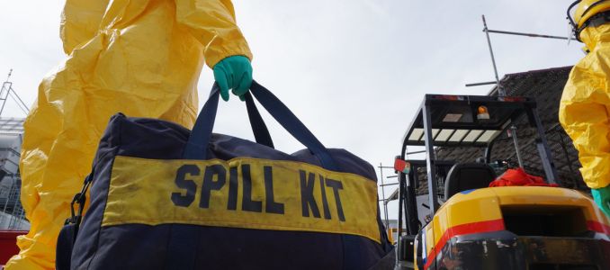 Rescue personnel wearing yellow chemical protective clothing