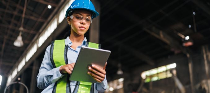Engineer factory tablet hard hat safety vest woman industrial worker inspection