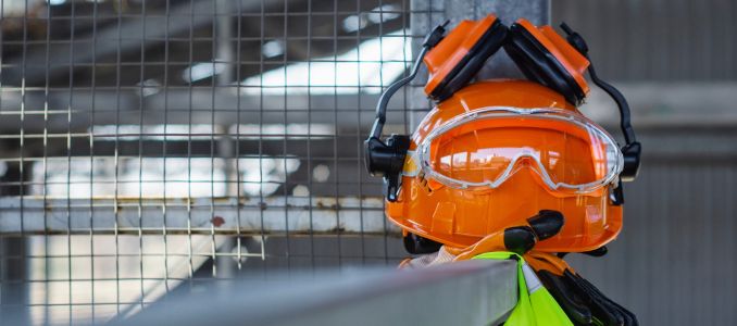Orange hard hat with attached earmuffs and safety goggles