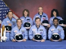 This NASA photo shows the astronauts who died in the Challenger explosion: Ellison Onizuka, Mike Smith, Christa McAuliffe, Dick Scobee, Greg Jarvis, Judith Resnik, and Ron McNair.