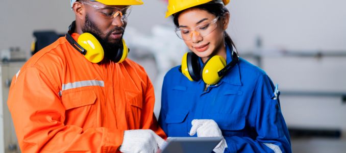 Construction workers holding tablet