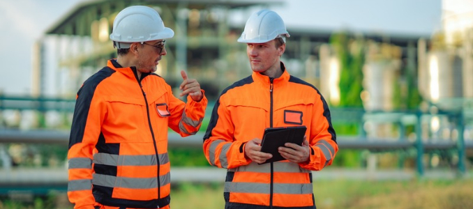 Two engineers wearing white hard hats and bright orange safety jackets talking at an industrial facility, with one holding a tablet.