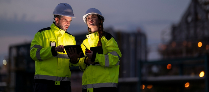 Two industrial workers wearing hard hats and high-visibility jackets review data on a tablet at dusk.   