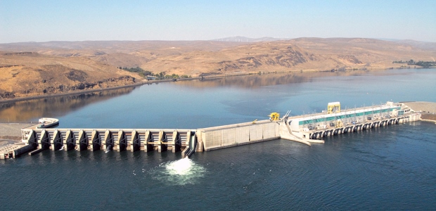 The Wanapum Dam is downstream from the Vantage Bridge, which is the Interstate 90 crossing over the Columbia River in Washington state. (Grant County Public Utility District photo)