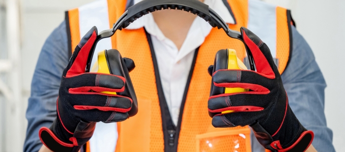  Downloaded    File #:  648915560 Male worker with reflective orange vest and protective hand gloves pulling yellow safety ear muffs or ear protectors preparing to wear on his head