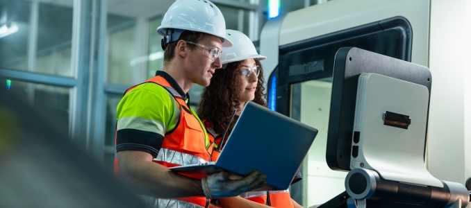 Team of male and female industrial engineers in safety gear using a laptop to program and control a CNC machine on a modern manufacturing factory floor