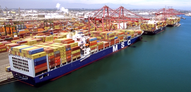 The Port of Long Beach photo shows a container ship docked at the port