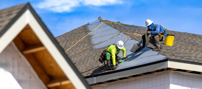 A wide horizontal view of two roofers wearing hard hats and safety harnesses 