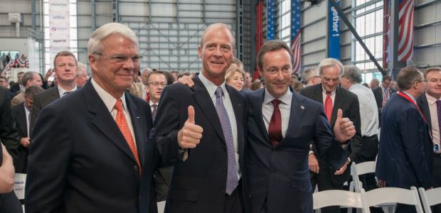 Airbus officials participating in the opening ceremony were (from left to right): Airbus Group, Inc. Chairman and CEO Allan McArtor, Airbus Group CEO Tom Enders, and Airbus President and CEO Fabrice Brégier.