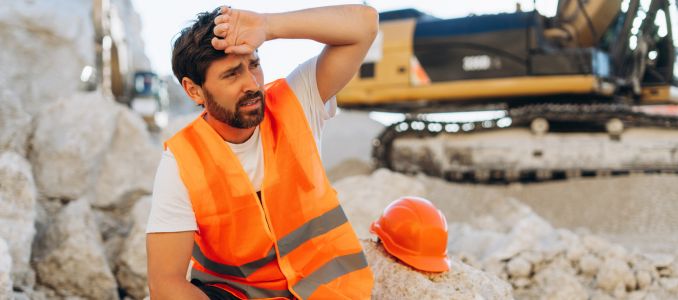 Tired construction worker sitting near excavator 