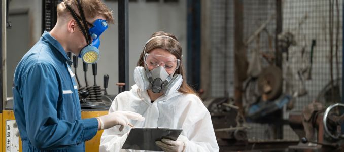 The engineer, wearing a Mechanic Jumpsuit and ppe and gas mask, looks at the camera with his arms crossed