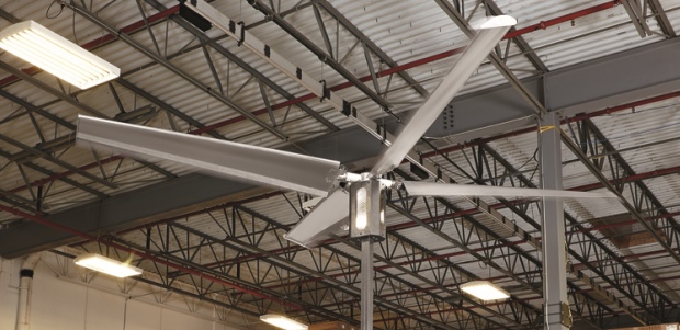 HVLS fans move larger volumes of air while using less energy than high-speed fans and produce a less disruptive wind speed. (Rite-Hite Fans photo)