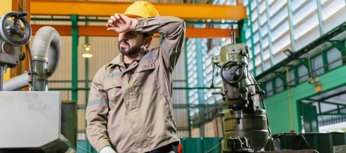 An exhausted factory worker wearing a yellow hard hat wiping sweat from his forehead near industrial machinery.
