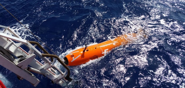 This July 2015 photo shows an autonomous underwater vehicle being deployed in the underwater search for the missing MH370 aircraft. (ATSB photo) 