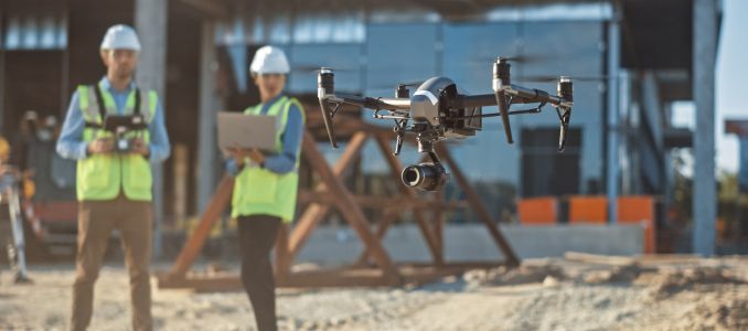 Workers operating drone on construction site
