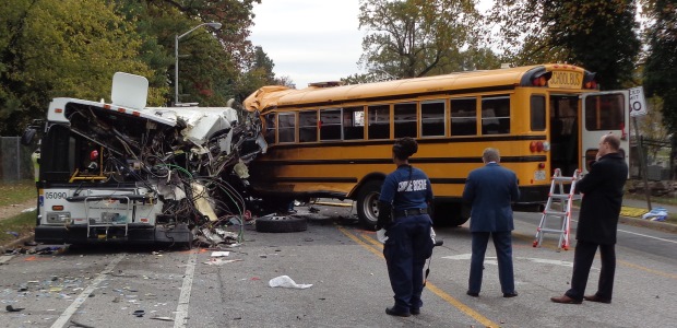 This photo shows the final position of the transit bus and the school bus. (Maryland Transportation Authority Police photo)
