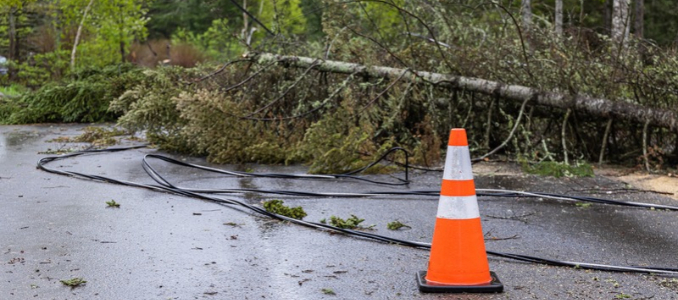▎ Downed power lines and a fallen tree block a wet road after a storm, an example of the hidden hazards utility responders search for.