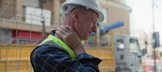 builder in white hardhat and neon hi vis vest holding neck with hand