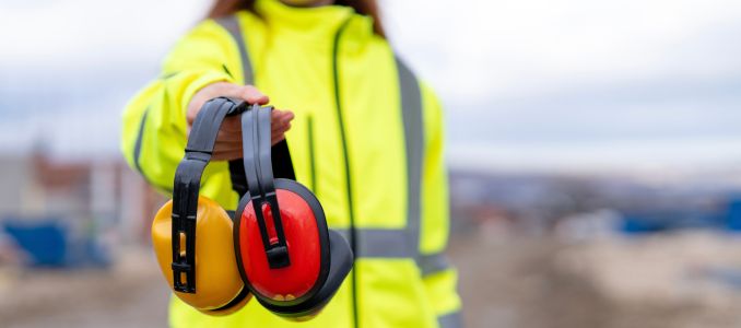 Construction worker holding safety earmuffs