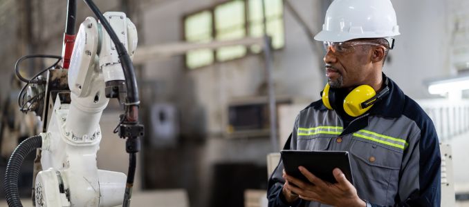 engineer worker using digital tablet control automatic robotic hand machine