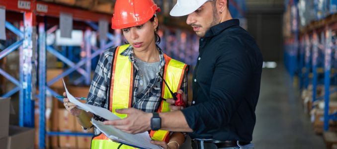 Workers looking at report