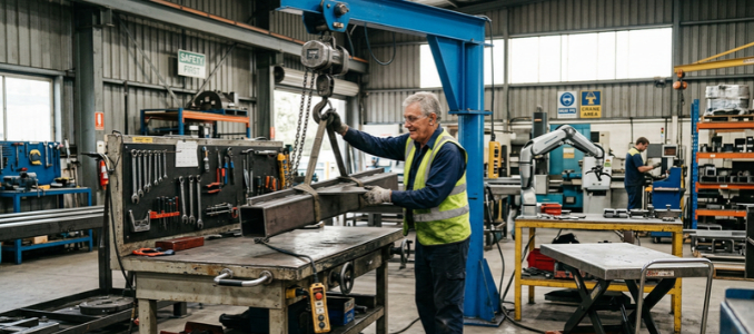 An older worker wearing a safety vest guiding a metal beam attached to a blue industrial crane in a workshop.