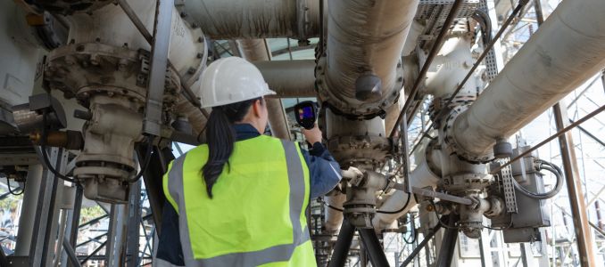Engineer performs industrial monitoring with a thermal camera on high voltage gas insulated equipment