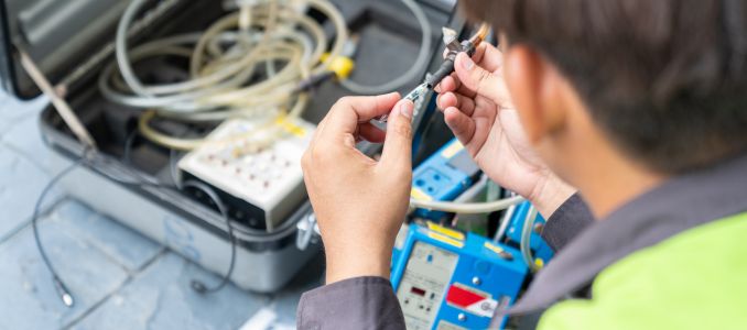 Technician setting up air sampling equipment