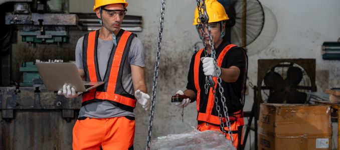 logistic manager using laptop to gesture instructions a colleague