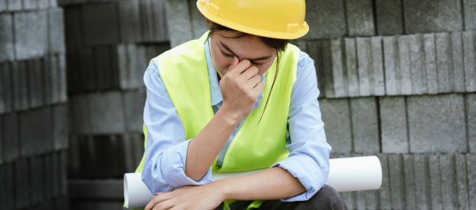 Stressed construction worker wearing a hard hat