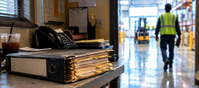 A large black binder with document tabs resting on an office desk, with a worker in a high-visibility vest walking through a warehouse setting in the background (Photo credit: © 2026 SDS Manager. All rights reserved.).