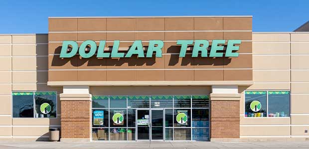 brown storefront with green Dollar Tree logo above double doors