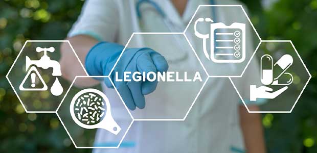 person in lab coat pointing in front of them, where five hexagons are, each with a different symbol and words. In order from left to right: icon of spout and caution sign, icon of microbes under magnifying glass, the word "legionella," icon of checklist and stethoscope, icon of hand holding pills