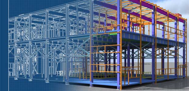 a blueprint of a two-story building that transforms into a digital rendition of the structure on the right side