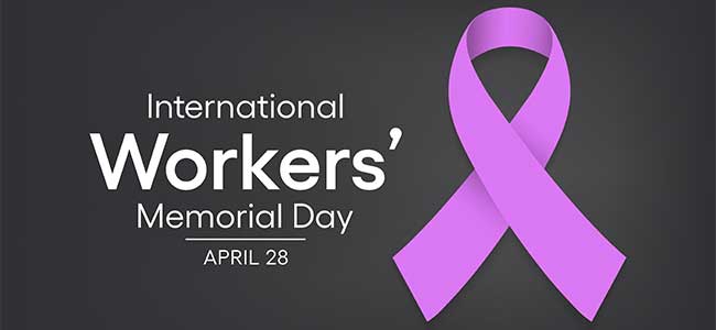 Workers Memorial Day text against black background with purple ribbon