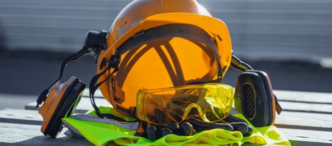 Hard hart, hearing PPE and safety goggles on bench