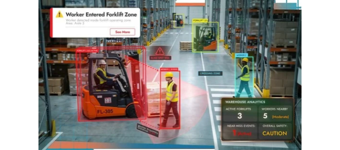 An AI vision monitoring display inside a warehouse alerting when a worker enters an active forklift hazard zone.