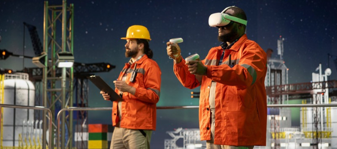 A worker wearing a virtual reality headset and holding controllers standing alongside a colleague with a clipboard at an industrial construction site.