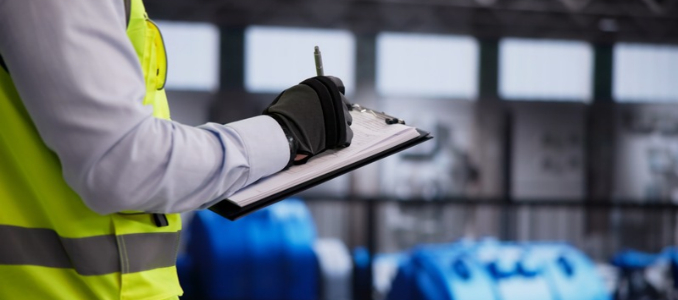 An inspector wearing a safety vest and work gloves filling out a checklist on a clipboard in an industrial facility.