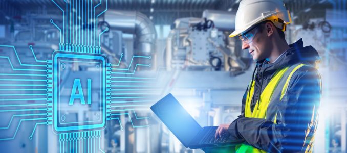 Engineer in safety vest next to AI graphic